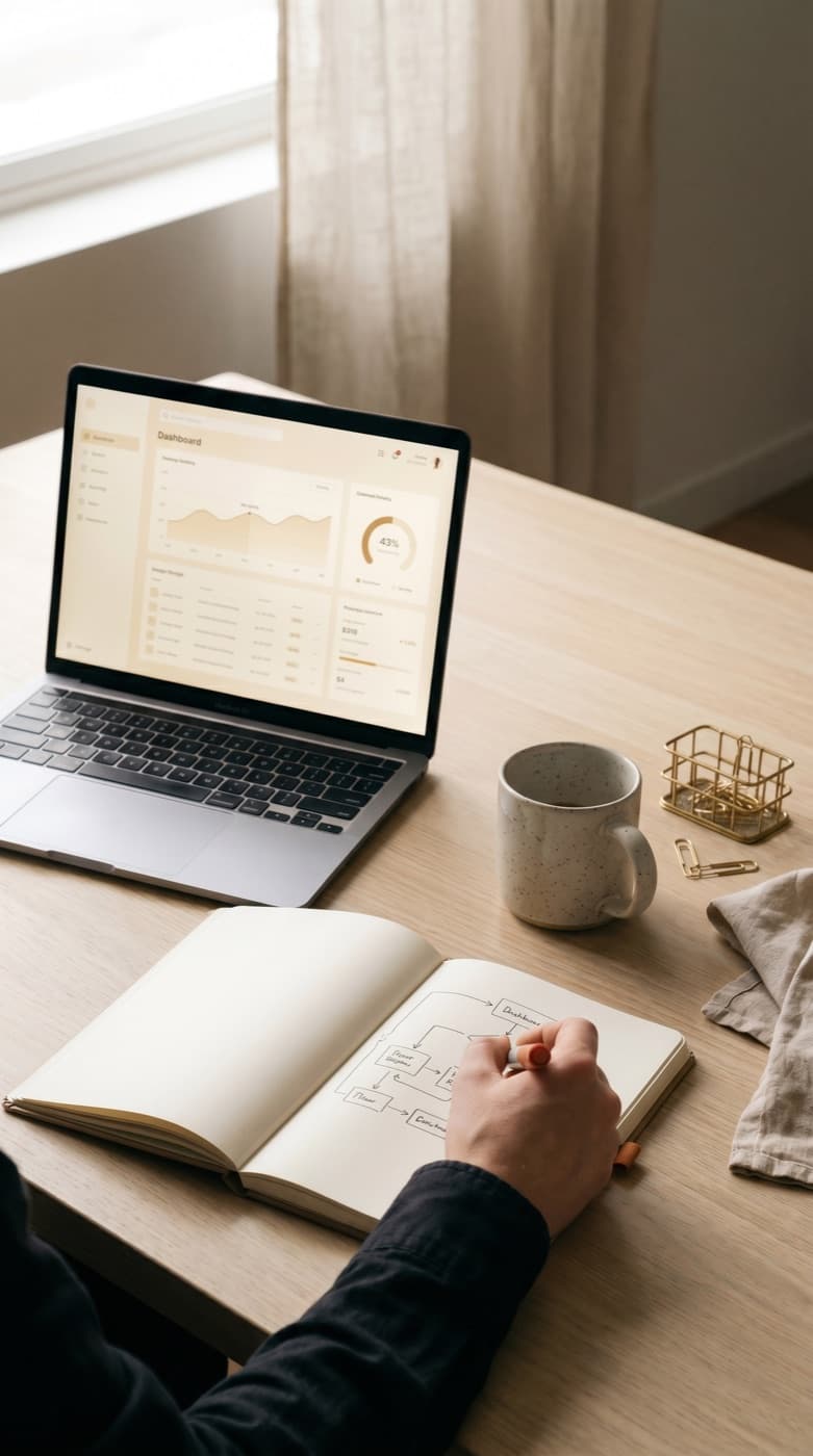 Werkbank met laptop, notitieboek en schets van een UI-flow