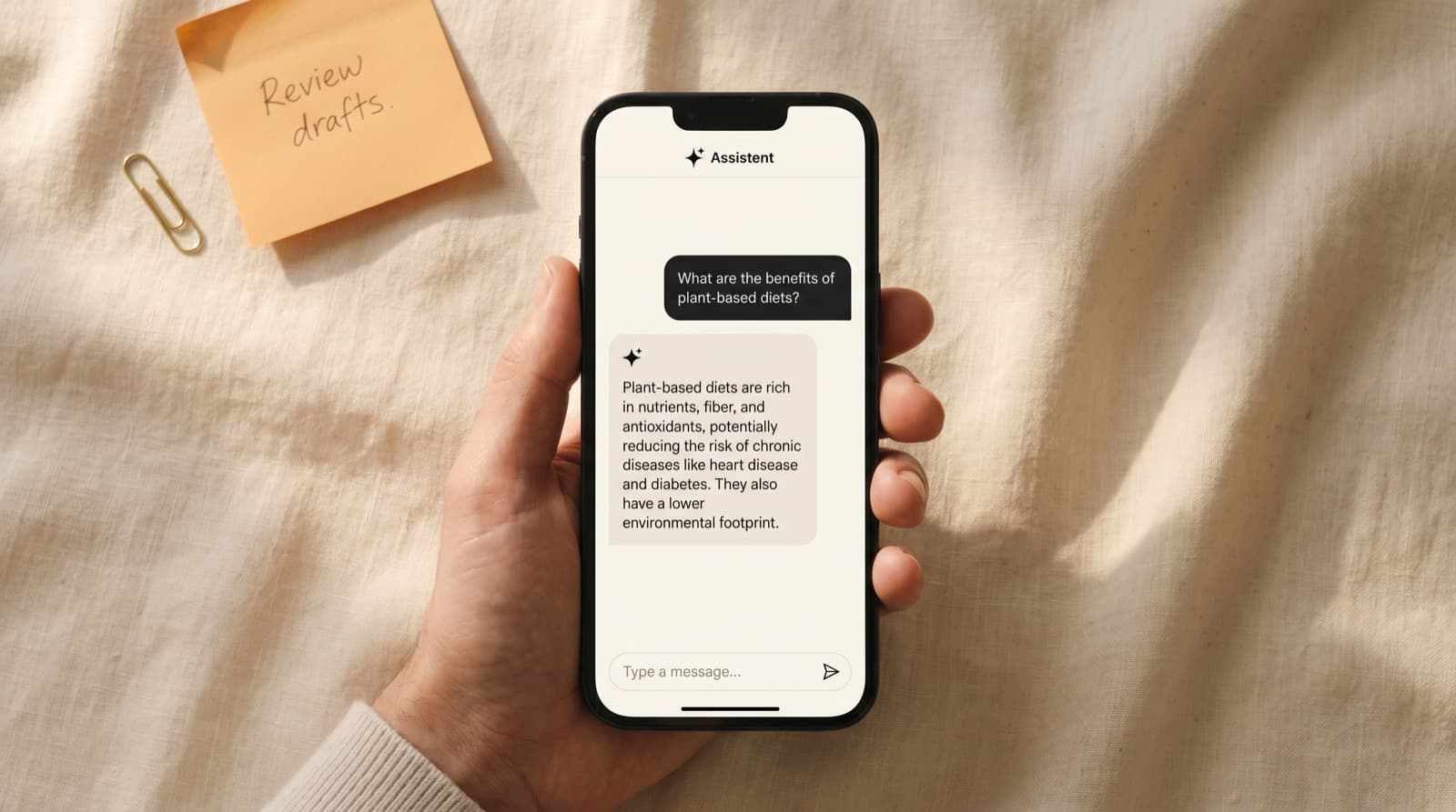 Telefoon met een AI-assistent chat-interface, post-it en paperclip op de werkbank