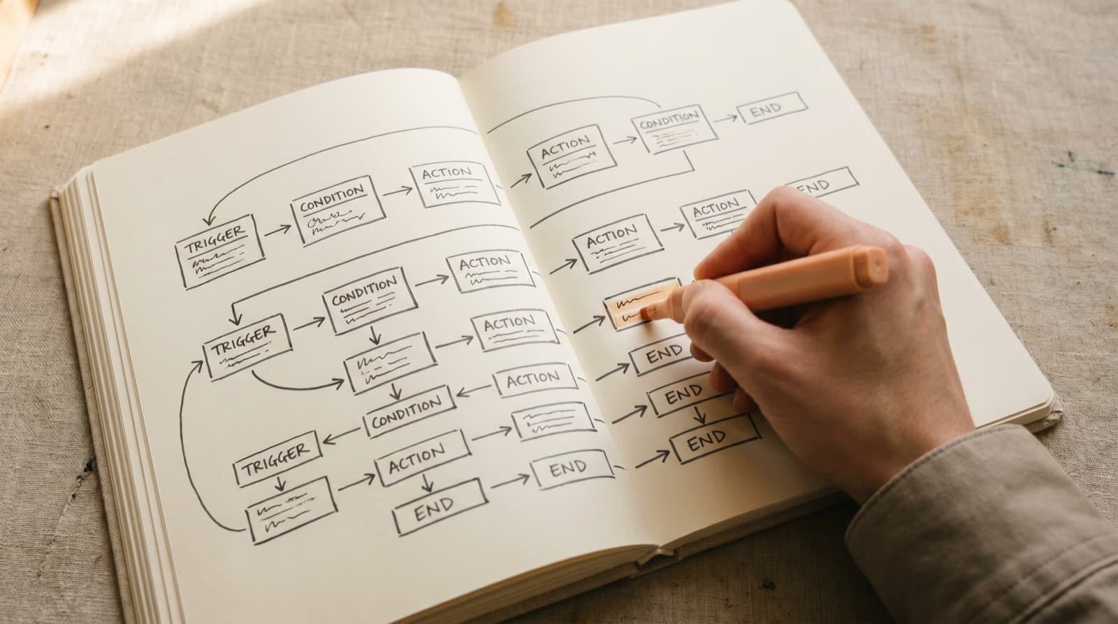 Notitieboek vol met een hand-getekende automation workflow van trigger naar action