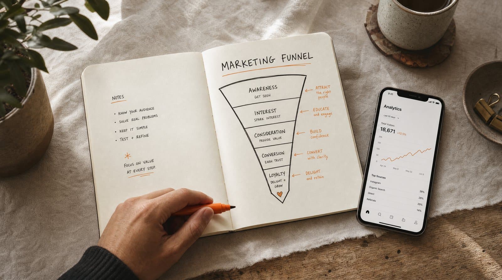 Notitieboek met een hand-geschetste marketing-funnel en een telefoon met statistieken op de werkbank