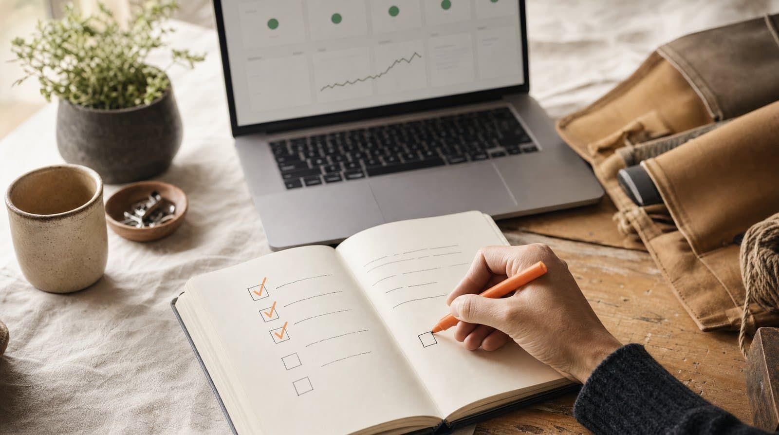 Hand vinkt een onderhoudschecklist af met een oranje stift, op de achtergrond een laptop met een statusdashboard